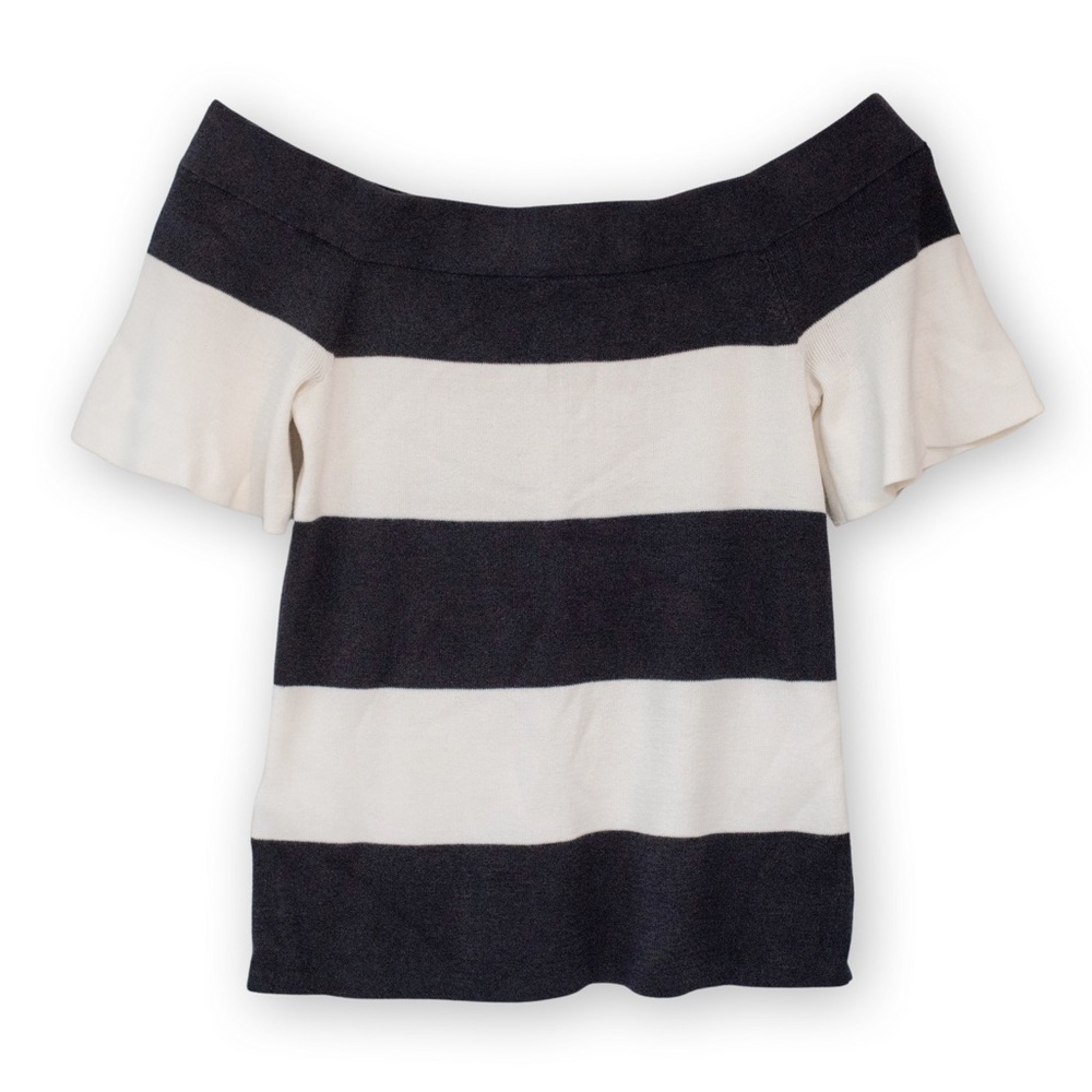 LOFT | striped off the shoulder flutter sleeve sweater | size small